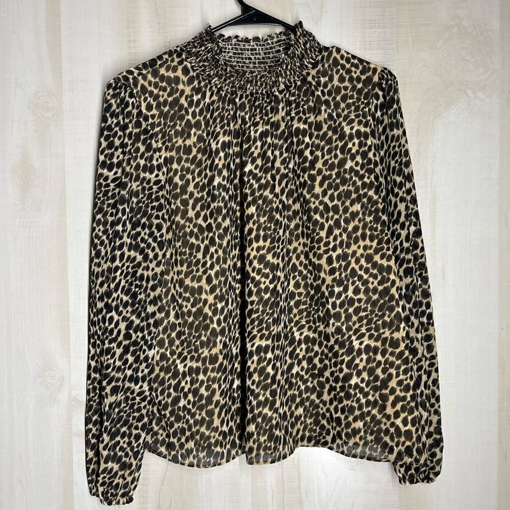 J. Crew animal leopard print black and tan long sleeve lined top blouse, medium